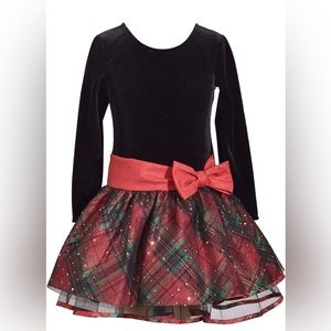 Bonnie Jean long sleeve velvet and Christmas plaid tulle dress